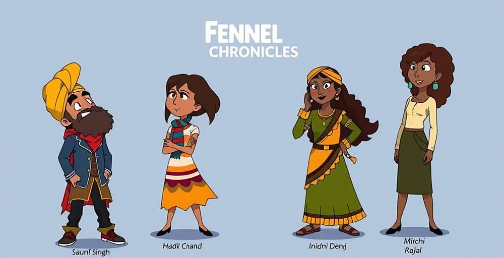 Character lineup from Fennel Chronicles including Saunf Singh, Haldi Chand, Mirchi Devi and Elaichi Raja