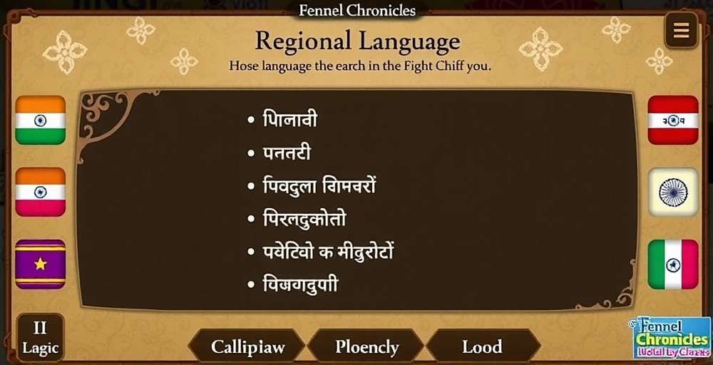 Regional language selection screen in Fennel Chronicles showing various Indian language options