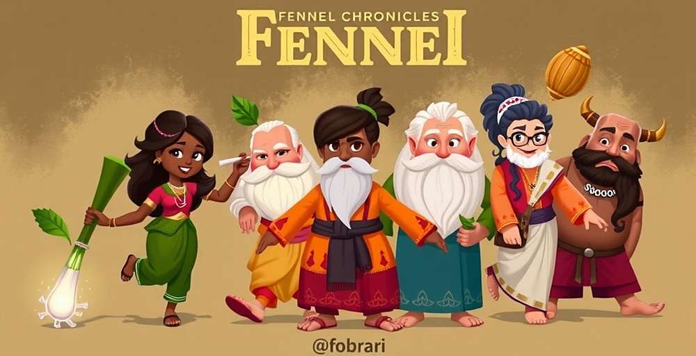 Fennel Chronicles fan art showcasing various spice characters in traditional Indian art styles