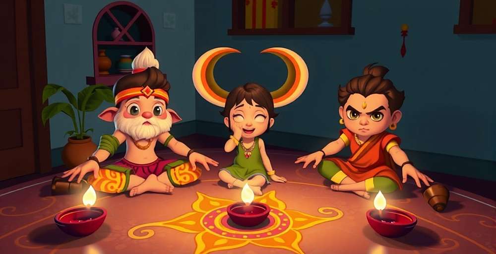 Diwali celebration in Fennel Chronicles showing game characters with festive lights and rangoli patterns